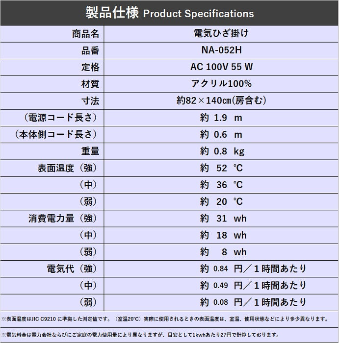 電気ひざ掛け NA-052H（アウトレット）