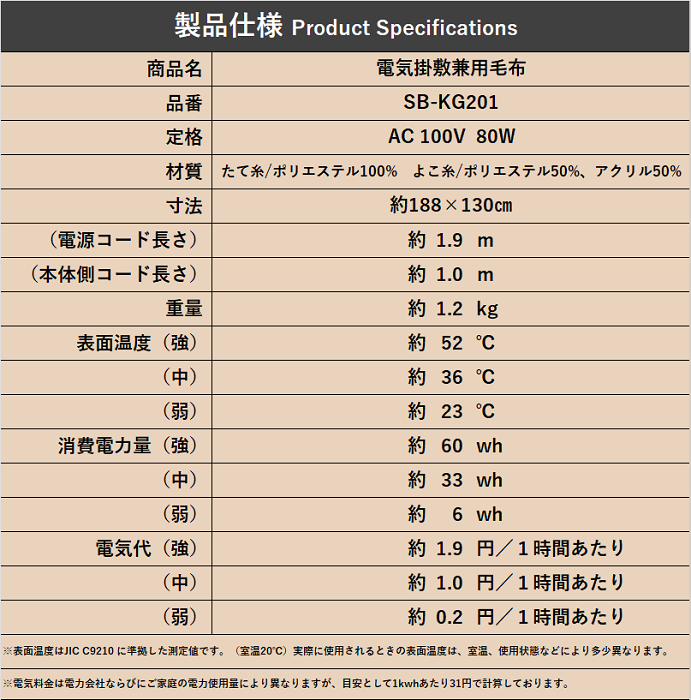 電気毛布（高機能繊維使用タイプ） SB-KG101/SB-KG201（30%OFF)