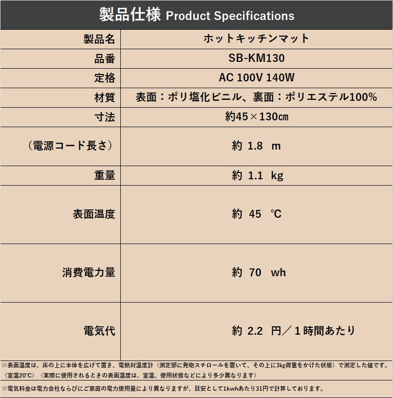ホットキッチンマット（ネット限定販売） SB-KM90/SB-KM130/SB-KM180/SB-KM240