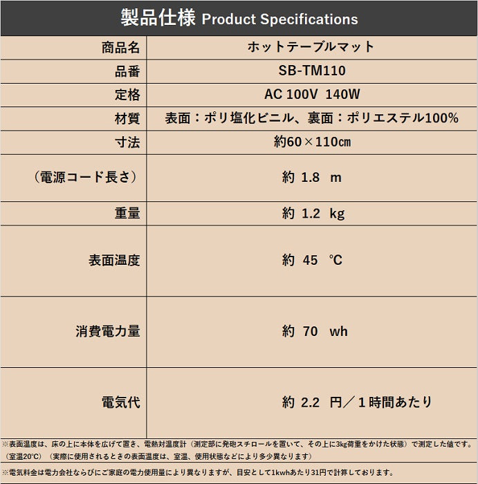 ホットテーブルマット（ネット限定販売） SB-TM110/SB-TM60