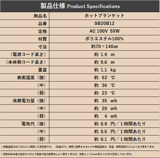 ホットブランケット SB20B12（35%OFF）