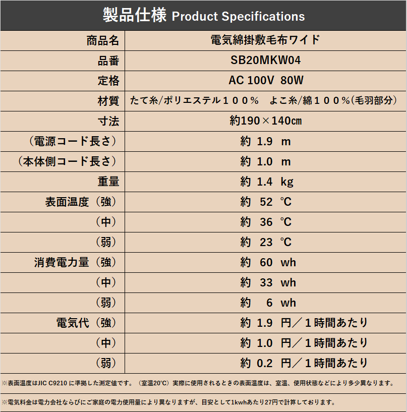電気綿毛布 SB20MSL03/SB20MKW04
