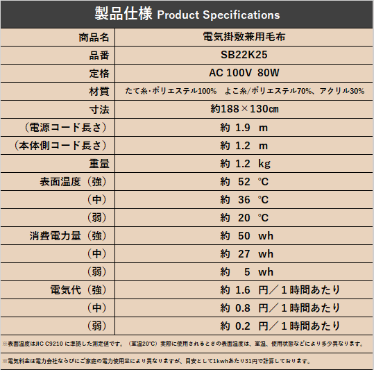 電気毛布（スタンダードタイプ） SB22S24/SB22K25